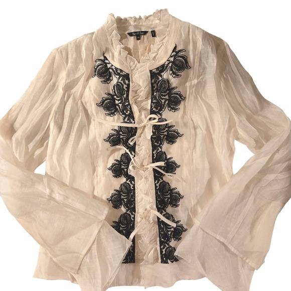 Nie Zoe Tops - Nic + Zoe Womens Cream Lace Up Ruffle‎ Neck Bell Sleeve Embroidered Top Size 10